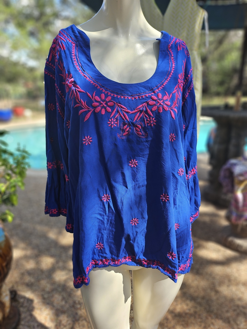 escapada Royal Blue Peasant Blouse with Pink Floral Embroidery XL